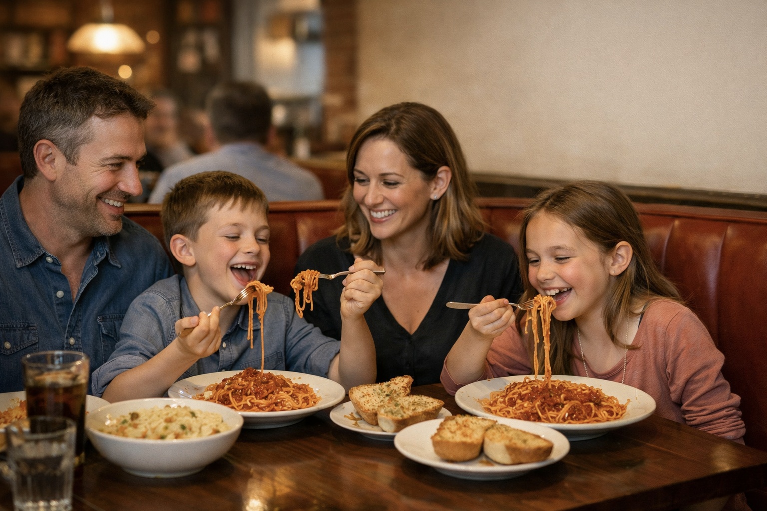 family dining at restaurant in new westminster enjoying pasta