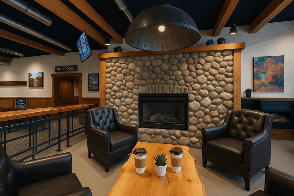 A warm café lounge featuring a stone fireplace, leather armchairs, and a live-edge wooden coffee table with takeaway coffee cups. The room includes exposed wooden beams, soft lighting, and framed artwork, creating a comfortable, inviting atmosphere.