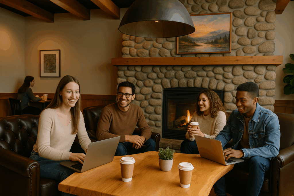 A welcoming café setting with leather chairs and a wooden table topped with takeaway coffee cups, where people can relax, work, or socialise by the stone fireplace under soft, warm lighting.