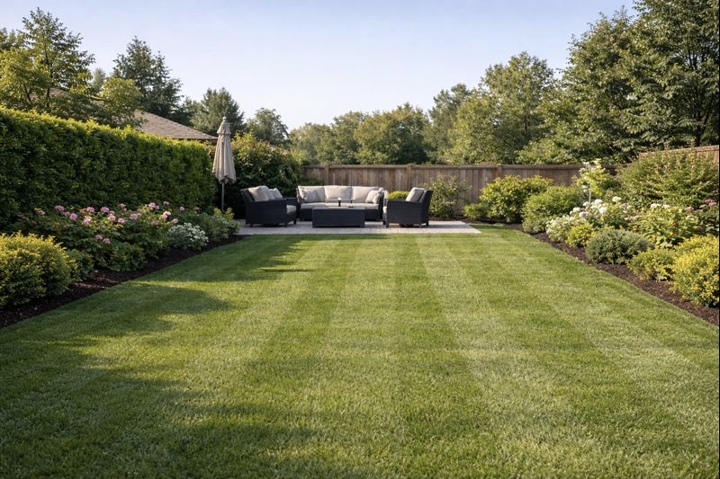 beautiful professional backyard landscape with lawn and seating area