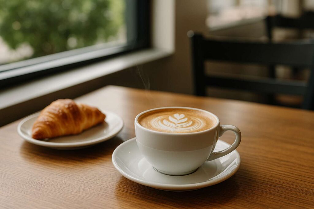 coffee and croissant at local cafe local business directory | GPS: 49.152945, -122.950538