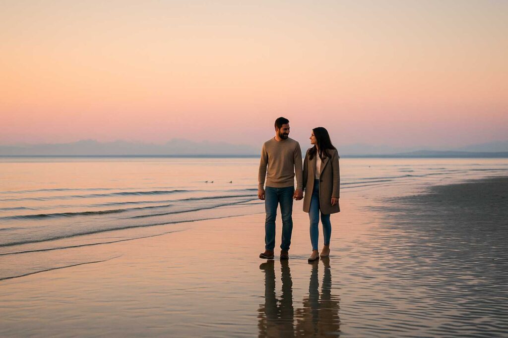 couple walking on beach at sunset local business directory New Westminster Date Night Ideas couple walking on beach at sunset local business directory | GPS: 49.108987, -123.017657