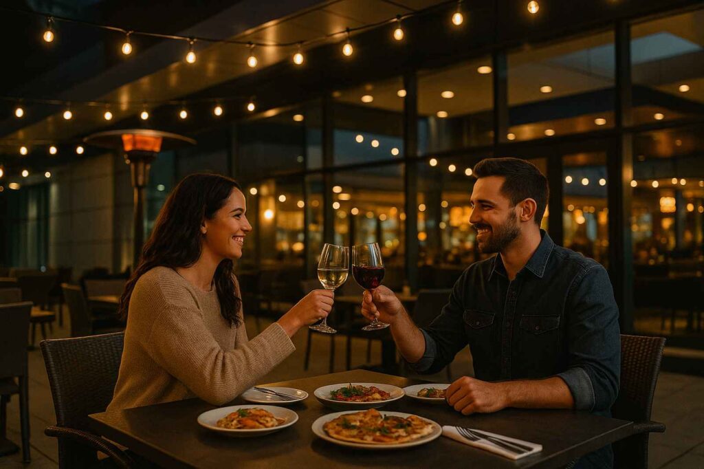 dinner date outside community events restaurant couples toast New Westminster Date Night Ideas dinner date outside community events restaurant couples toast | GPS: 49.184868, -122.901794