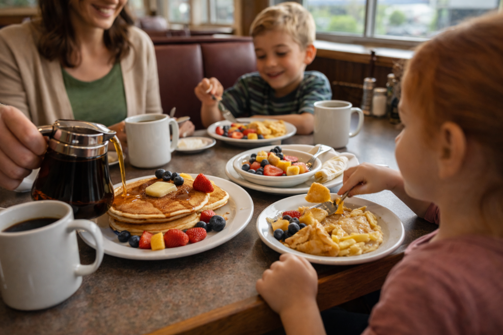 family-breakfast-at-delta-restaurant-with-pancakes-and-fruit