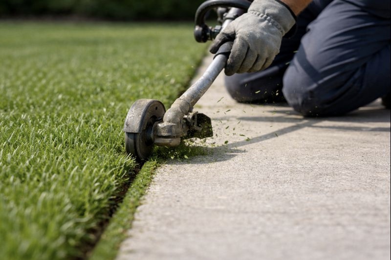 lawn care professional trimming grass edge near sidewalk