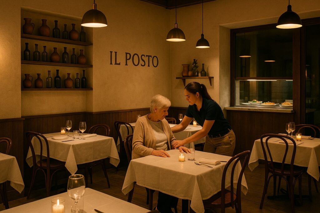 local restaurant server assisting elderly diner at table | GPS: 49.106813, -123.056315