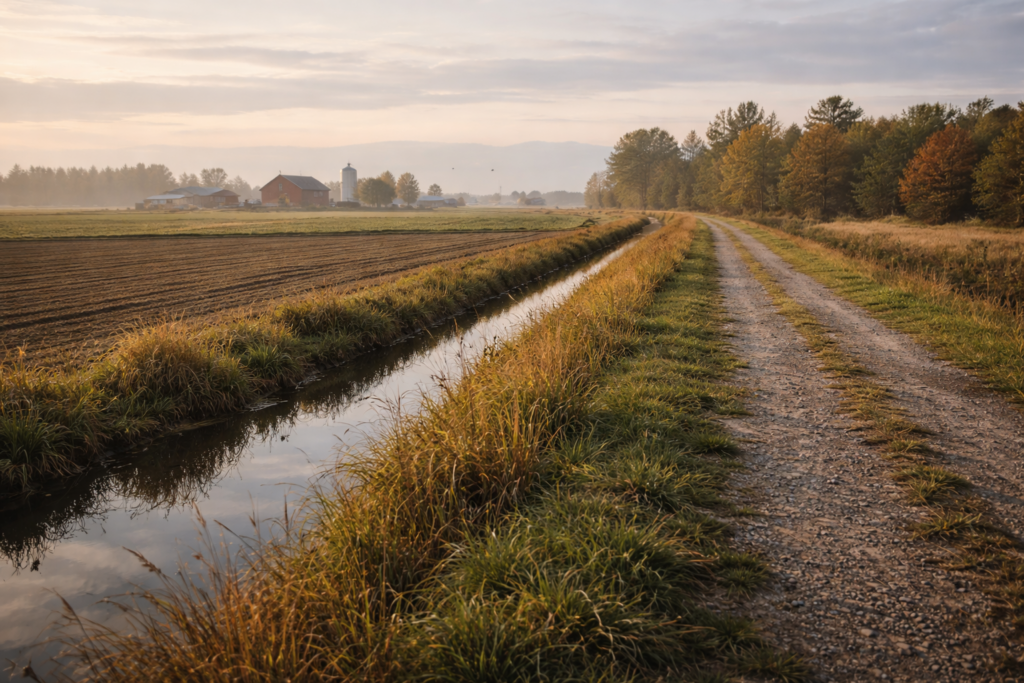 local-shopping-in-a-peaceful-rural-landscape-with-path-and-canal