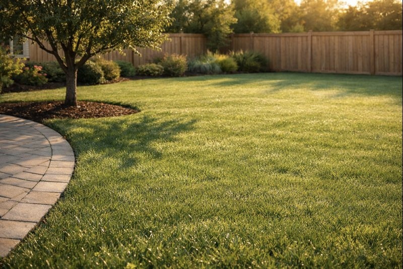professional grassy yard with trees and fence sunset lighting