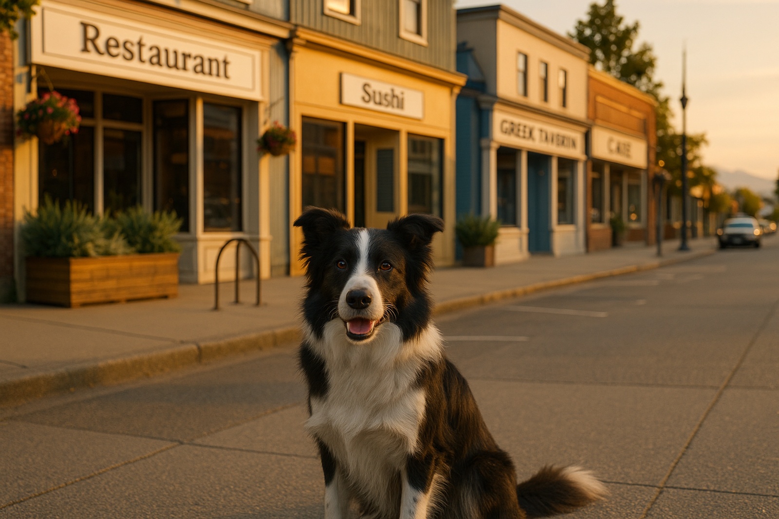 black and white border collie dog sitting on street delta 1 Where to Eat With Your Dog in New Westminster BC black and white border collie dog sitting on street delta | GPS: 49.197922, -122.917048