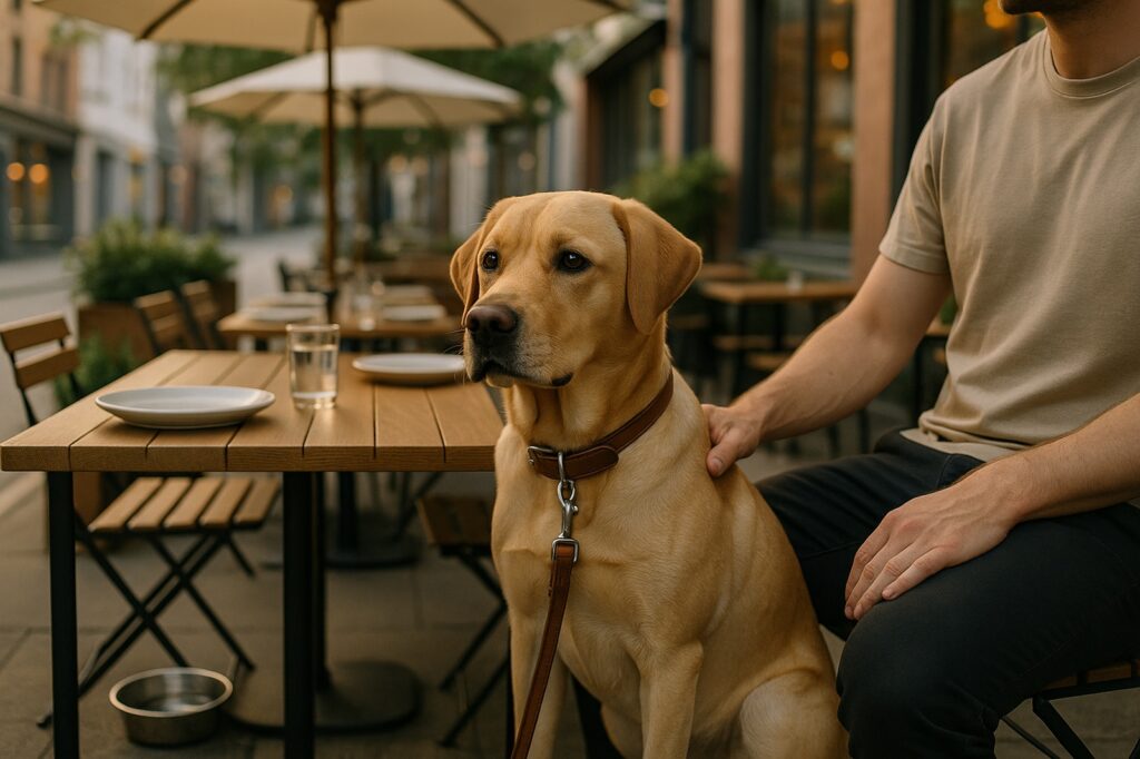 dog sitting at outdoor cafe with owner delta | GPS: 49.107978, -123.054397