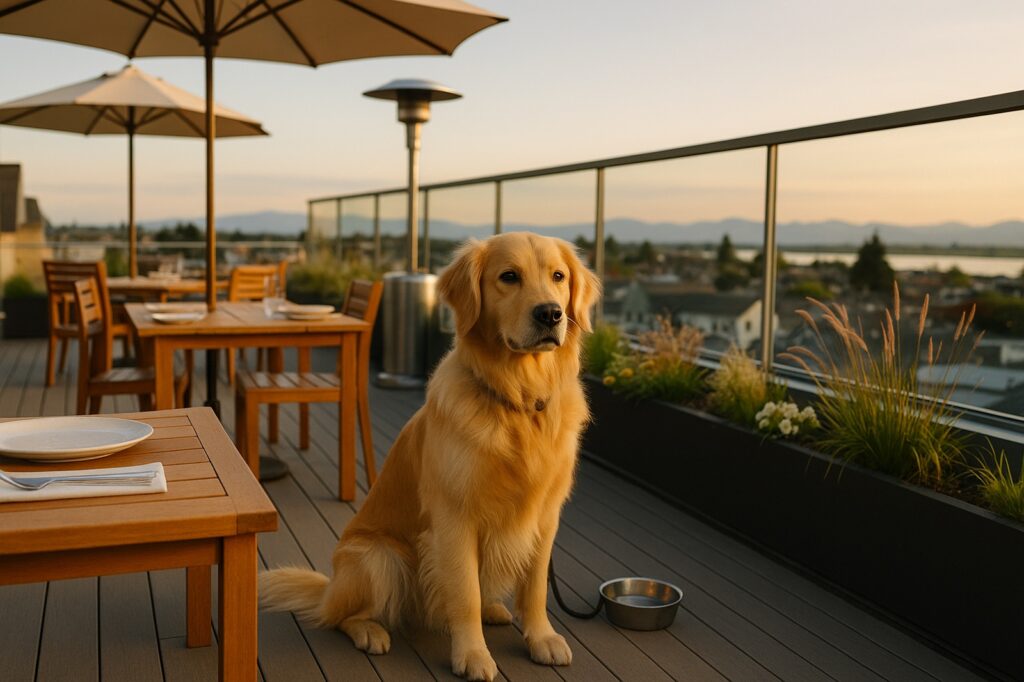 golden retriever on restaurant patio local | GPS: 49.128316, -123.023340