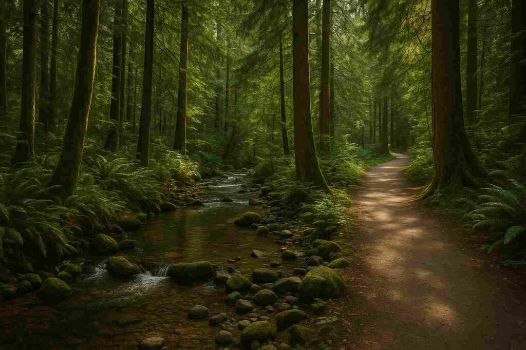 peaceful forest path with stream professional services | GPS: 49.170178, -122.924225
