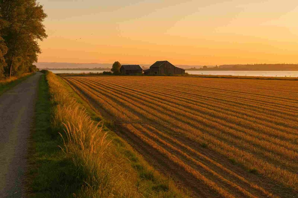 sunset over farm fields health wellness.jpg | GPS: 49.103794, -123.025587