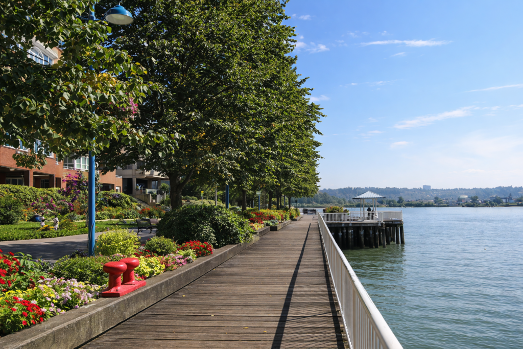 waterfront-walkway-with-flowers-new-westminster-summer-scenery