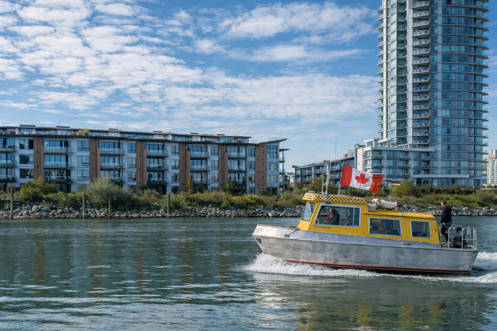 yellow-boat-sailing-past-modern-buildings-directory