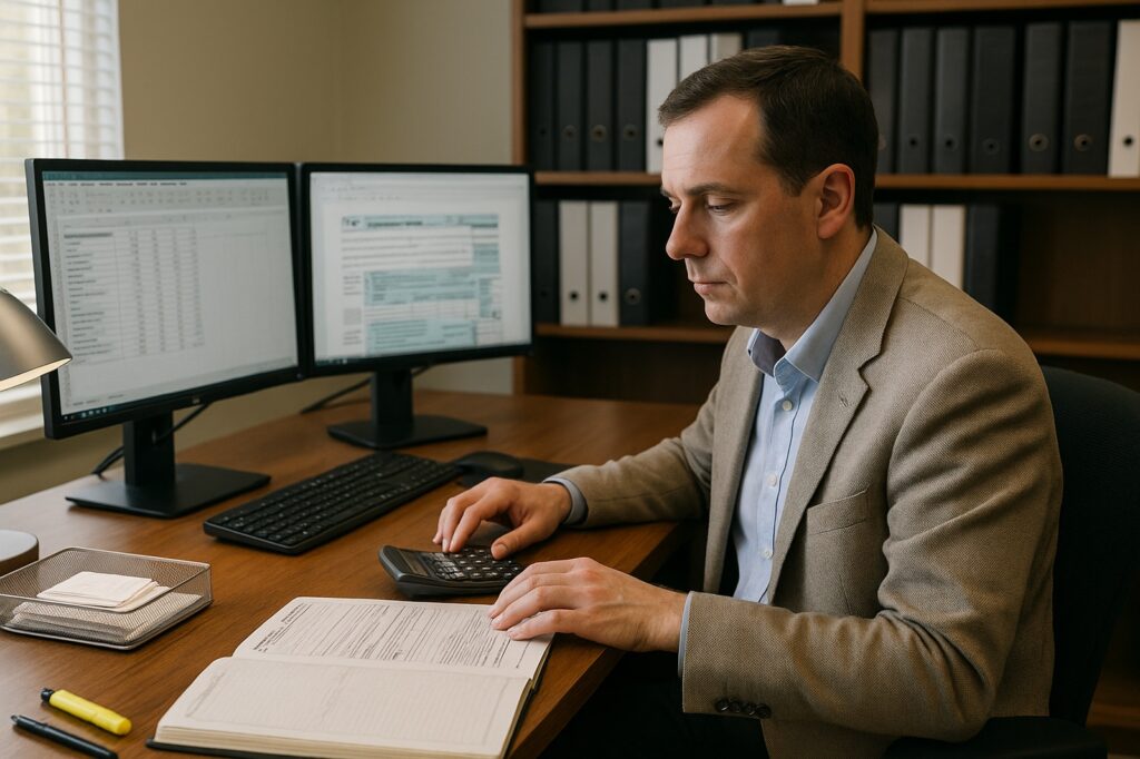 accountant working in office local using calculator and sheets | GPS: 49.105213, -123.044311