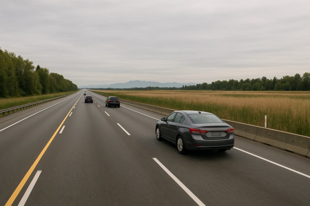 road trip local cars and fields at sunset | GPS: 49.114636, -123.029922