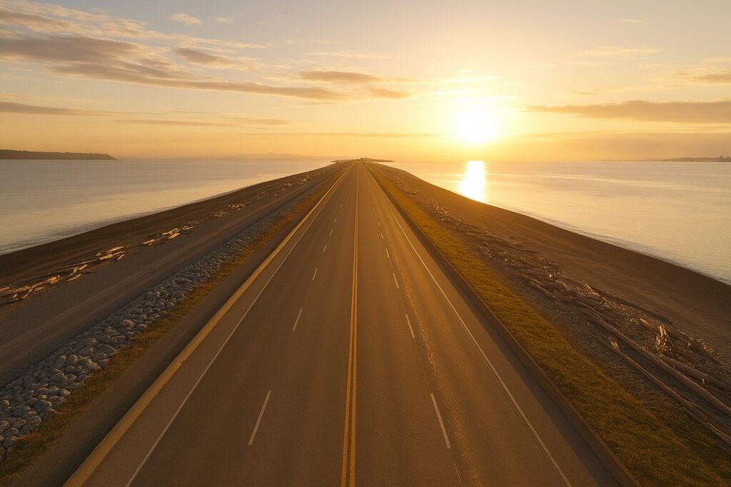 sunset over waterway with highway and delta in landscape New Westminster Local