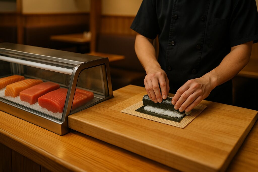 sushi chef preparing fresh local sushi rolls in restaurant Sushi in New Westminster