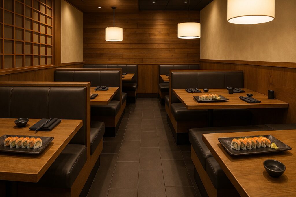 sushi restaurant interior delta modern style wood elemnts Sushi in New Westminster