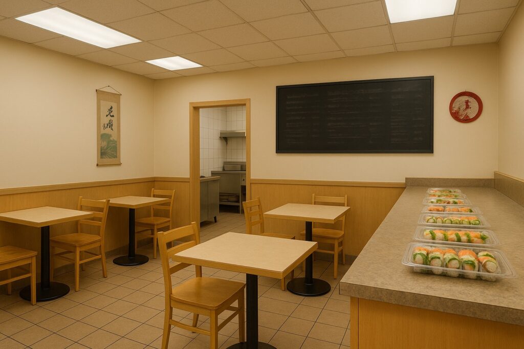 sushi restaurant interior with delta rolls and chairs Sushi in New Westminster