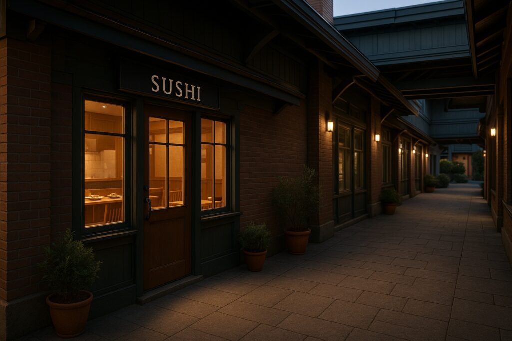 sushi restaurant local at night with warm lighting Sushi in New Westminster