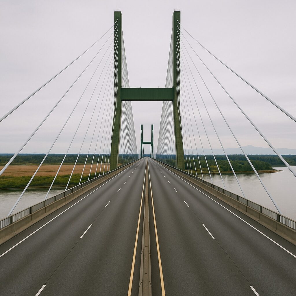 suspension bridge over highway local landscape view | GPS: 49.194960, -122.907264