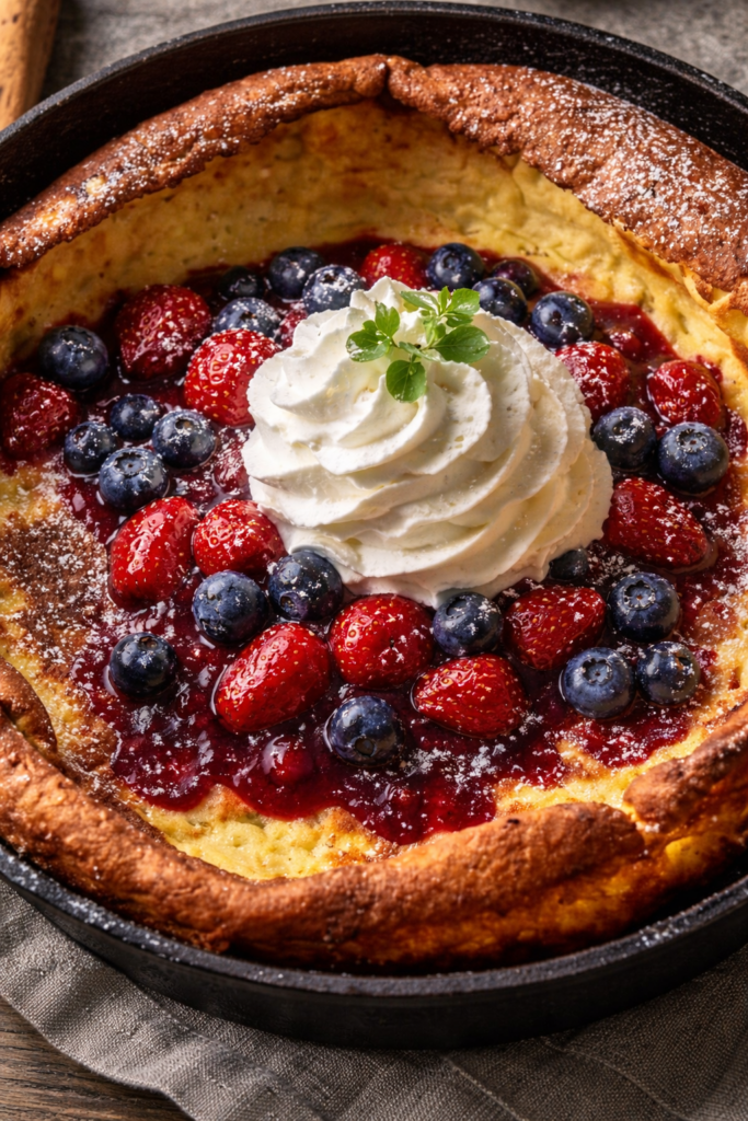 new-westminster-local-brewery-dining-scene-community-life-close-up-dutch-baby-pancake-with-strawberries-blueberries-and-extra-whipped-cream