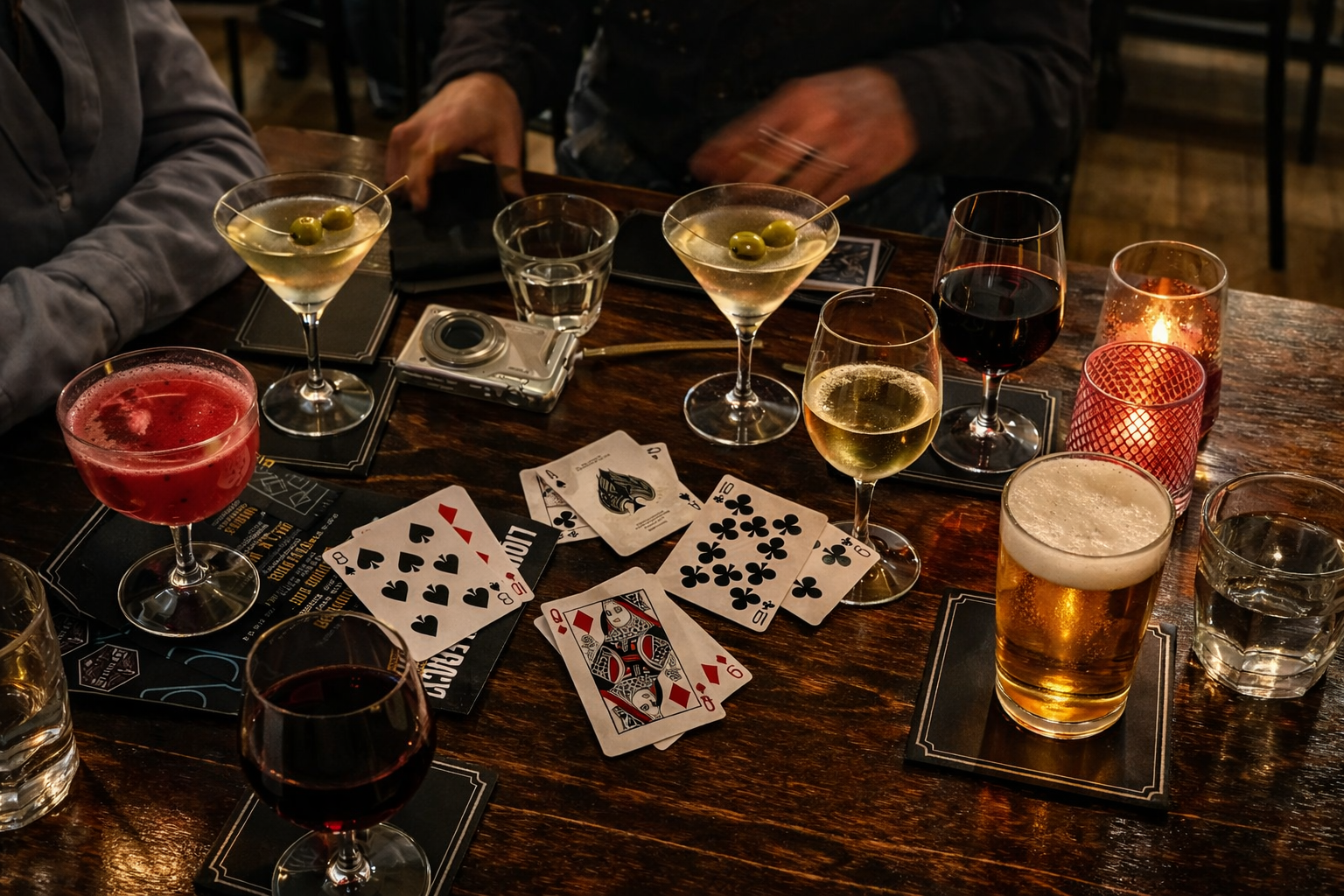 new-westminster-local-community-life-brewery-dining-scene-wide-bar-table-with-playing-cards-dirty-martinis-cosmo-wine-and-beer