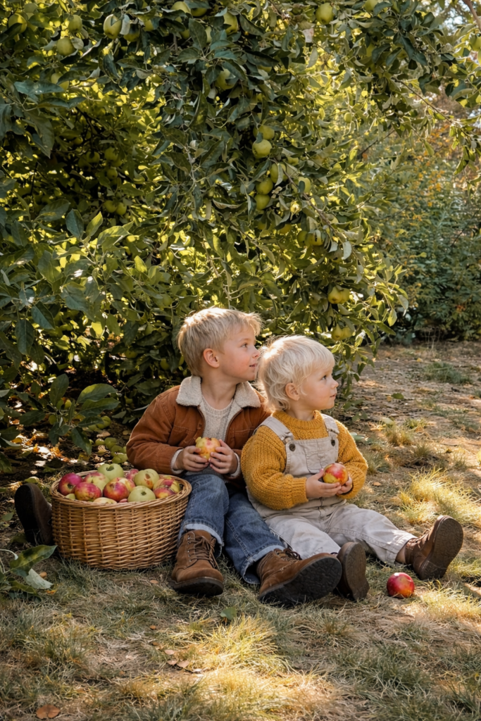 new-westminster-local-community-life-heritage-culture-fall-apple-orchard-photo-of-two-young-children-sitting-by-a-basket-of-apples-under-a-tree-wearing-warm-autumn-outfits