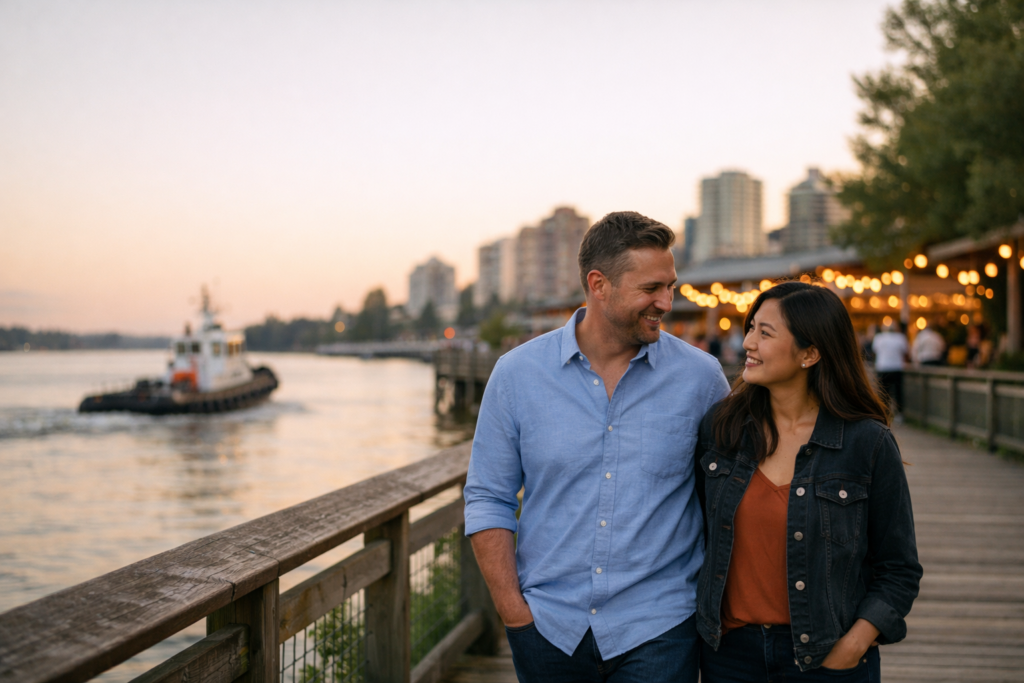 couple-walking-along-boardwalk-in-new-westminster-sunset-view
