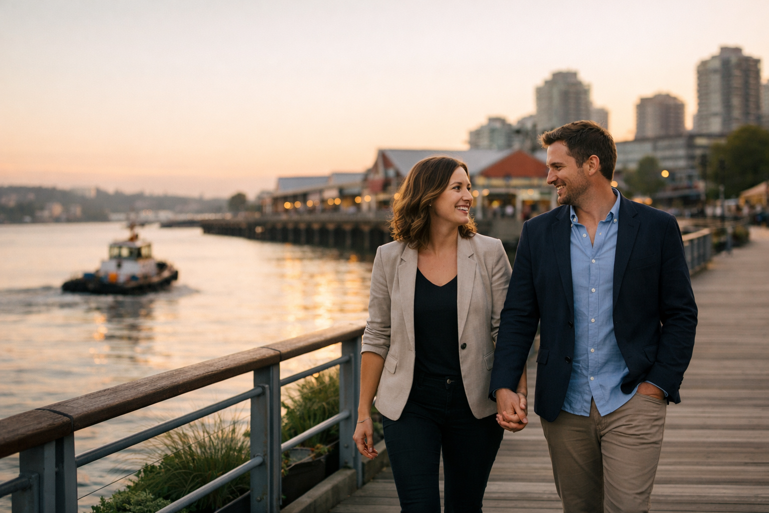 couple-walking-along-waterfront-in-new-westminster-sunset-views