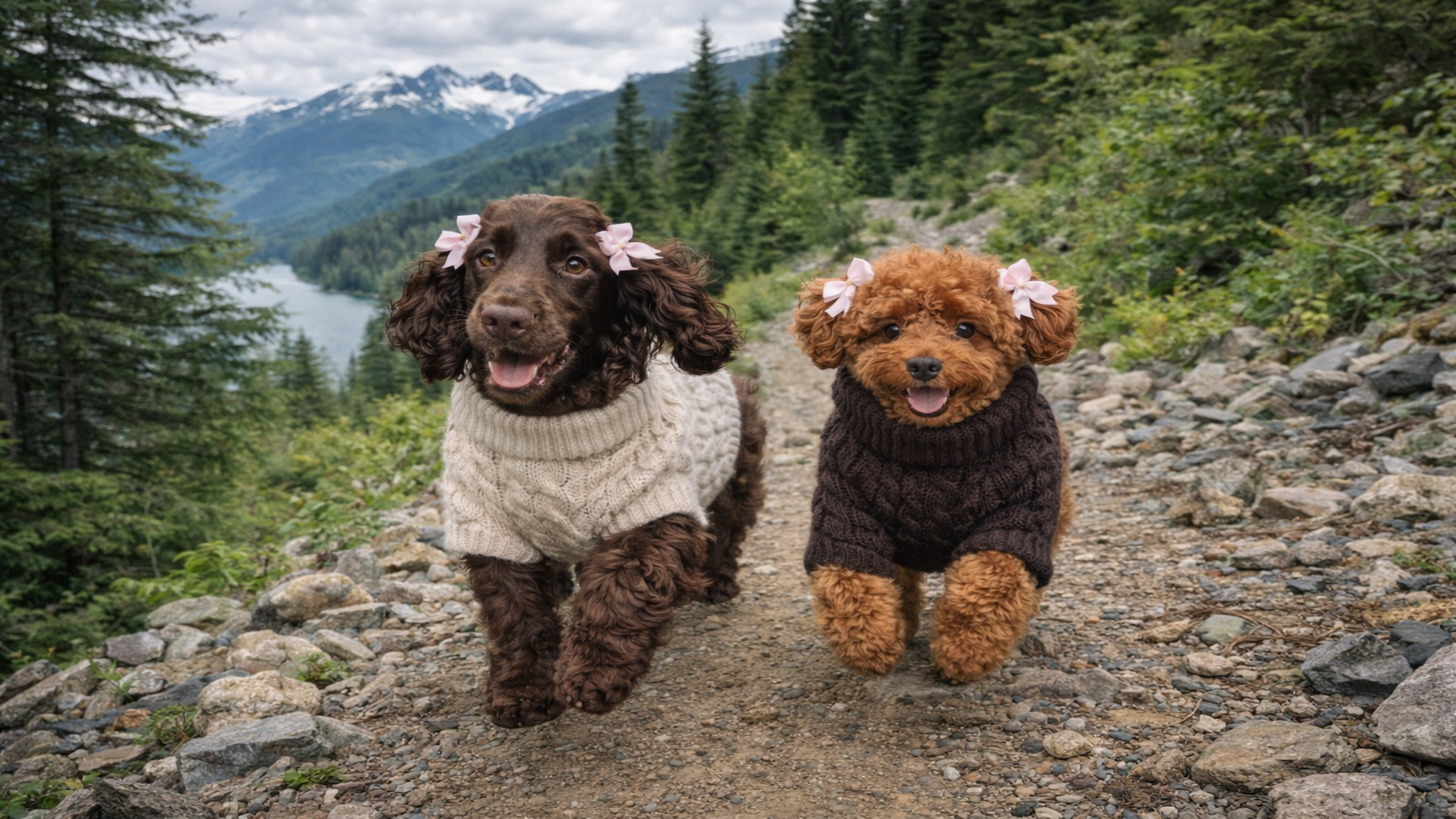 Two-dogs-in-knit-sweaters-on-mountain-trail-representing-New-Westminster-Local-outdoor-lifestyle