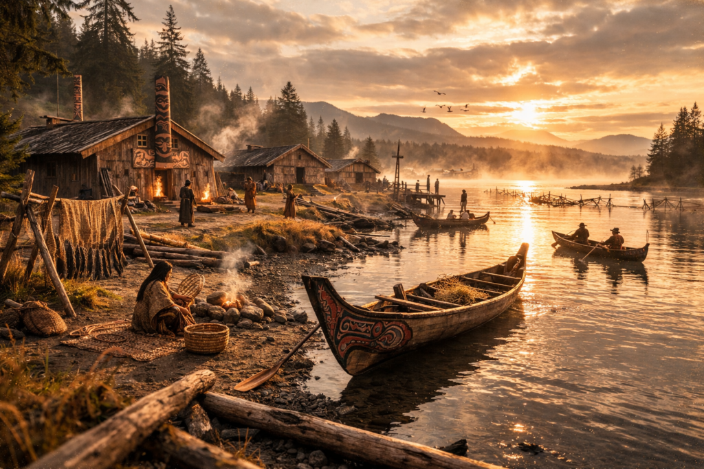 local-shopping-indigenous-settlement-river-sunset-canoes