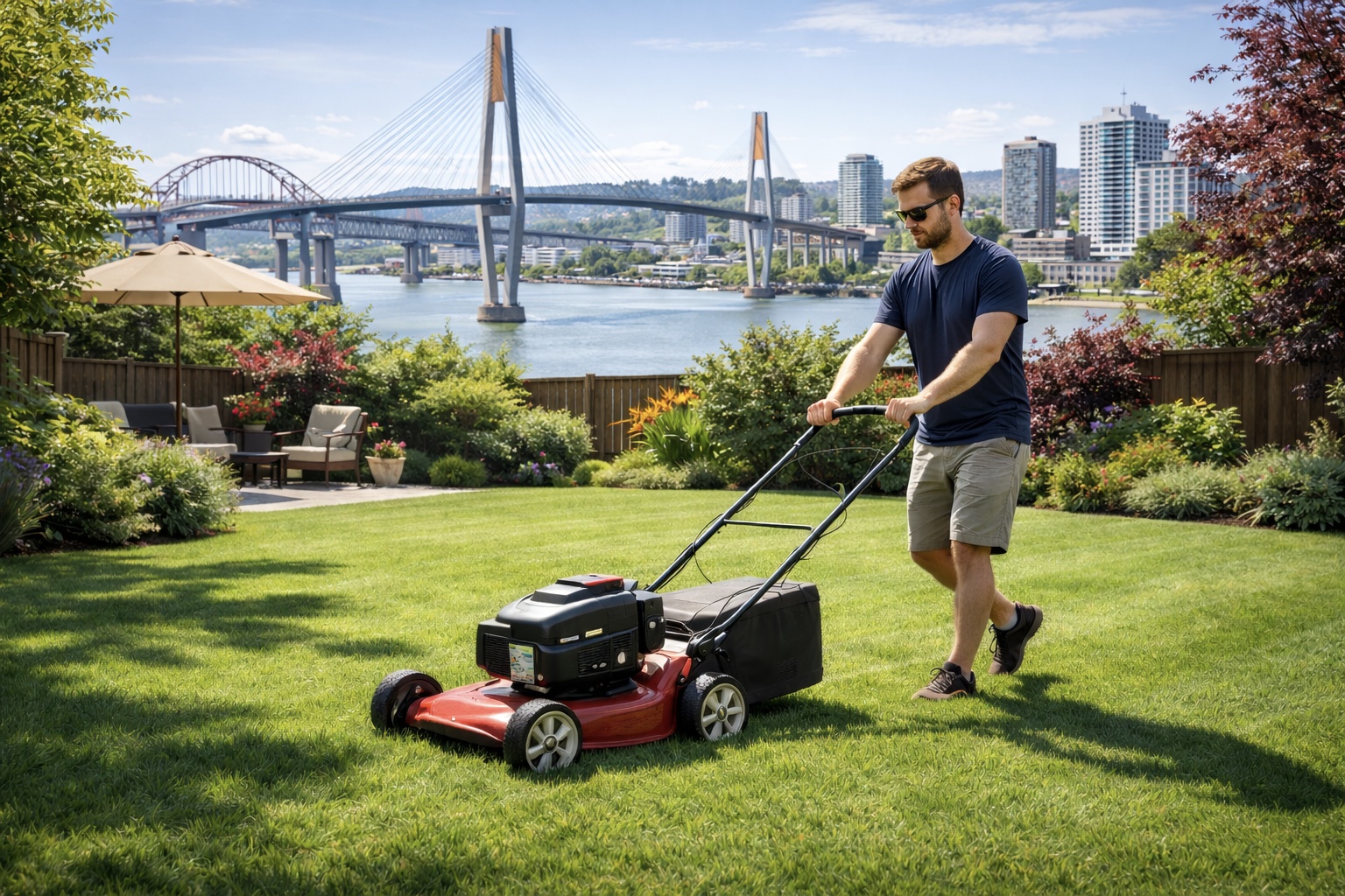 man mowing lawn with waterfront view business directory