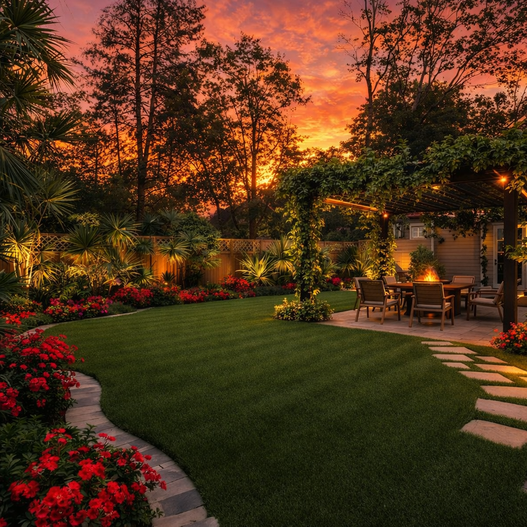 new-westminster-beautiful-garden-at-sunset-with-flowers-and-lights