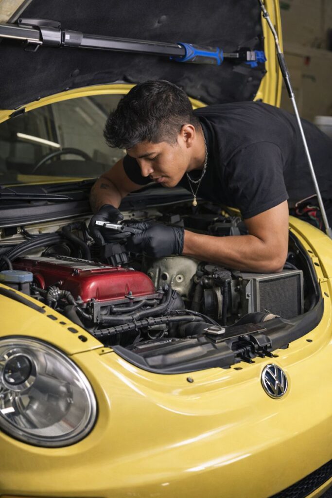 new-west-car-mechanic-working-on-yellow-volkswagen-engine