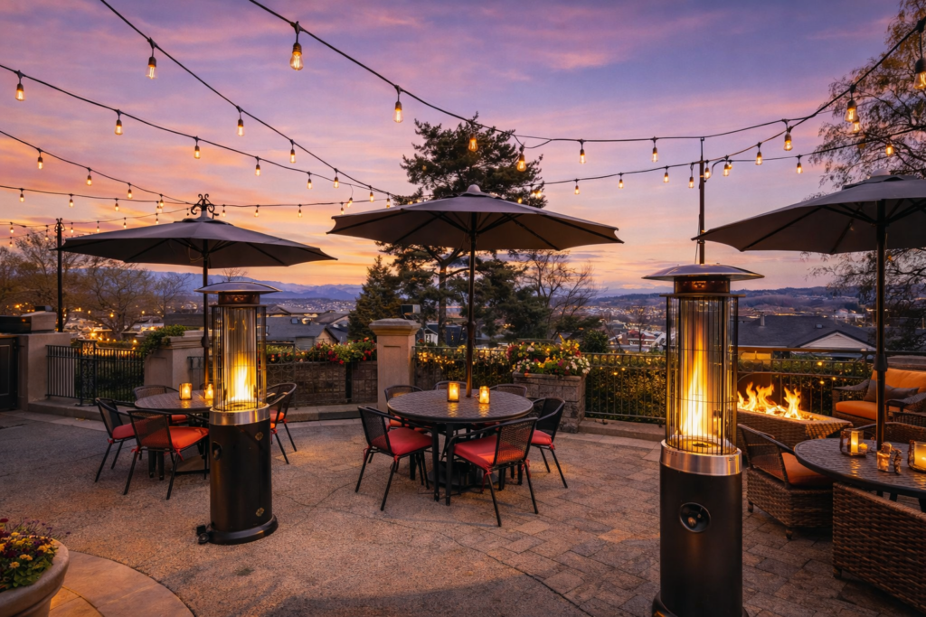 outdoor-dining-area-new-westminster-at-sunset-lights-and-heaters