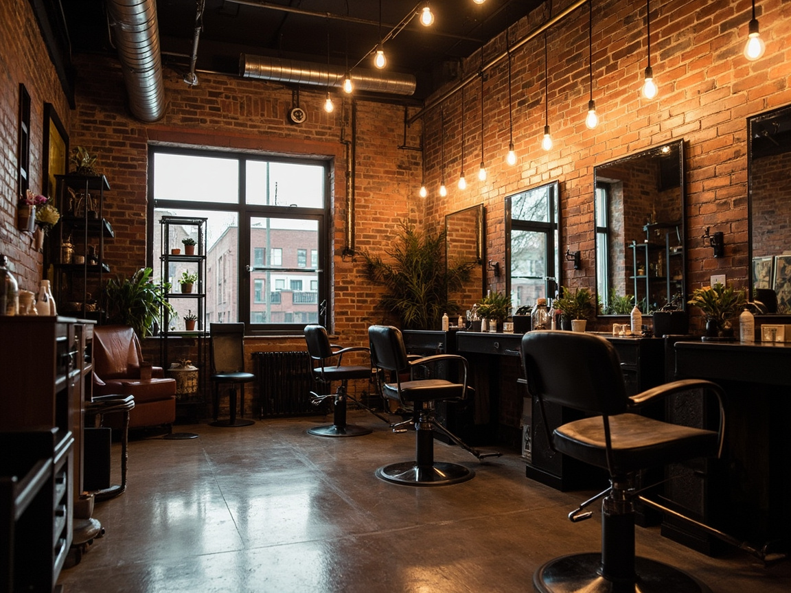 New Westminster hair salon with industrial-chic decor, exposed brick and Edison bulb lighting