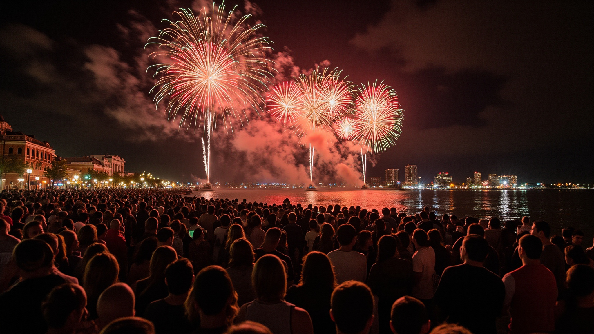 Crowd from behind watching Canada Day fireworks in New Westminster