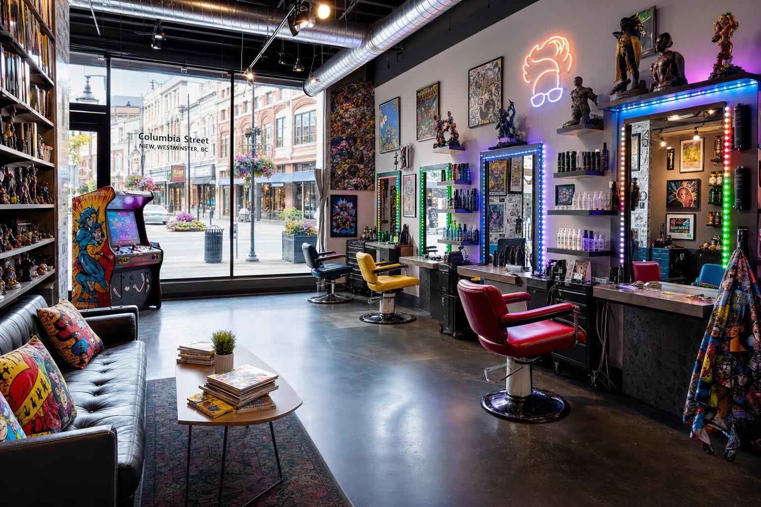 B-Bombshell Salon on Columbia Street with geek-themed decor and colourful styling stations