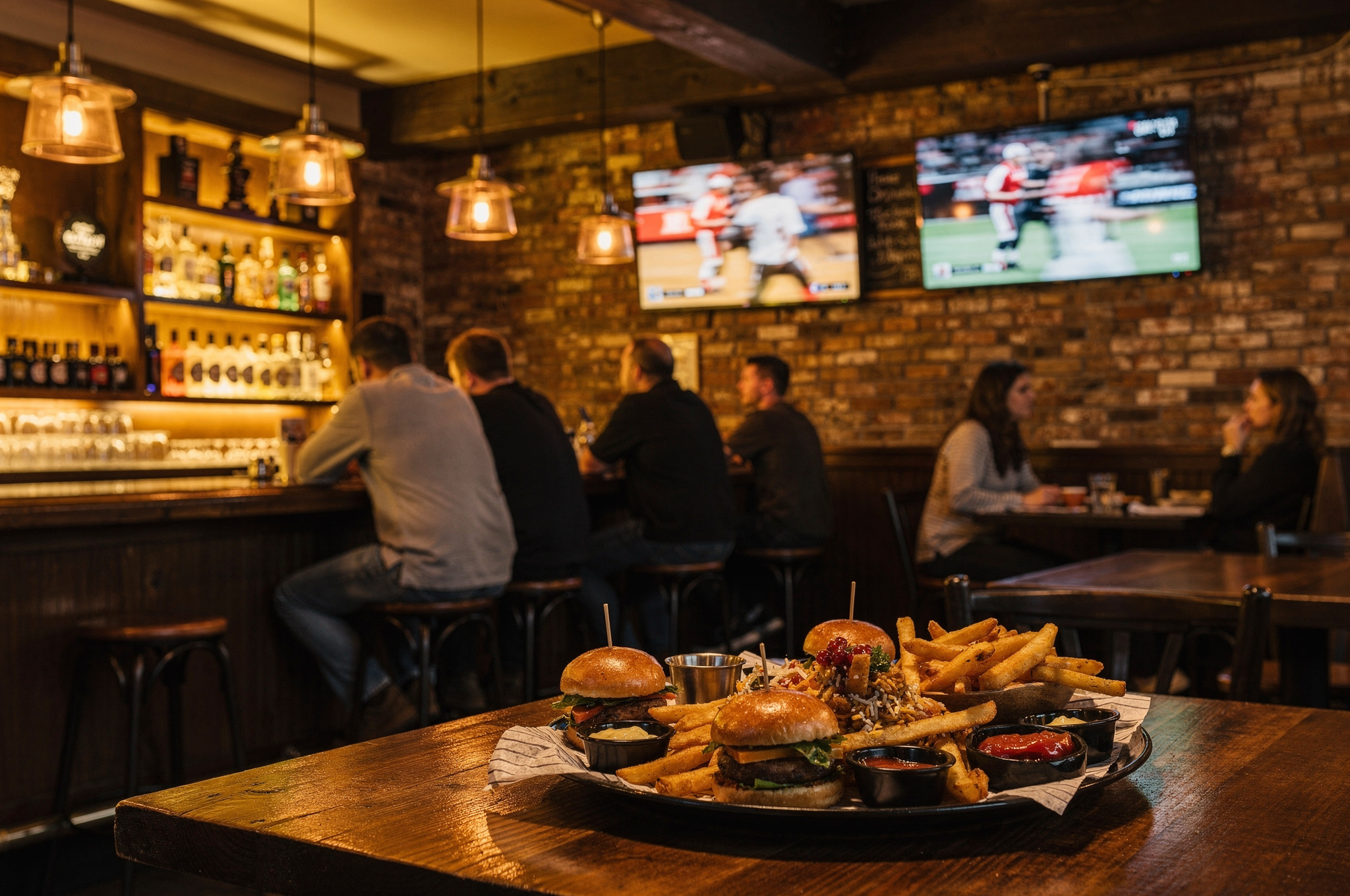Bar scene with customers drinking and watching sports at a New Westminster pub