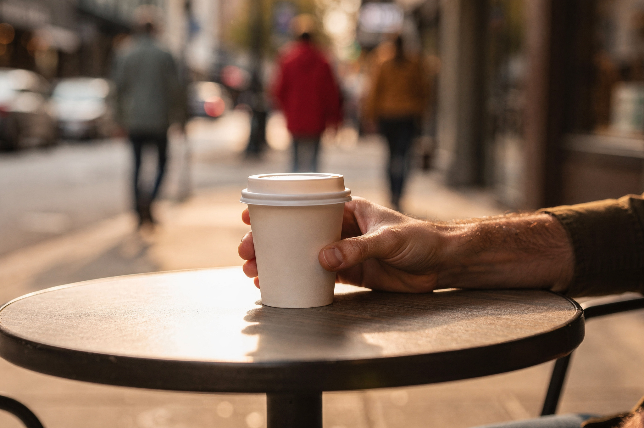 hand-holding-coffee-cup-on-downtown-sidewalk-cafe-table-new-westminster-local
