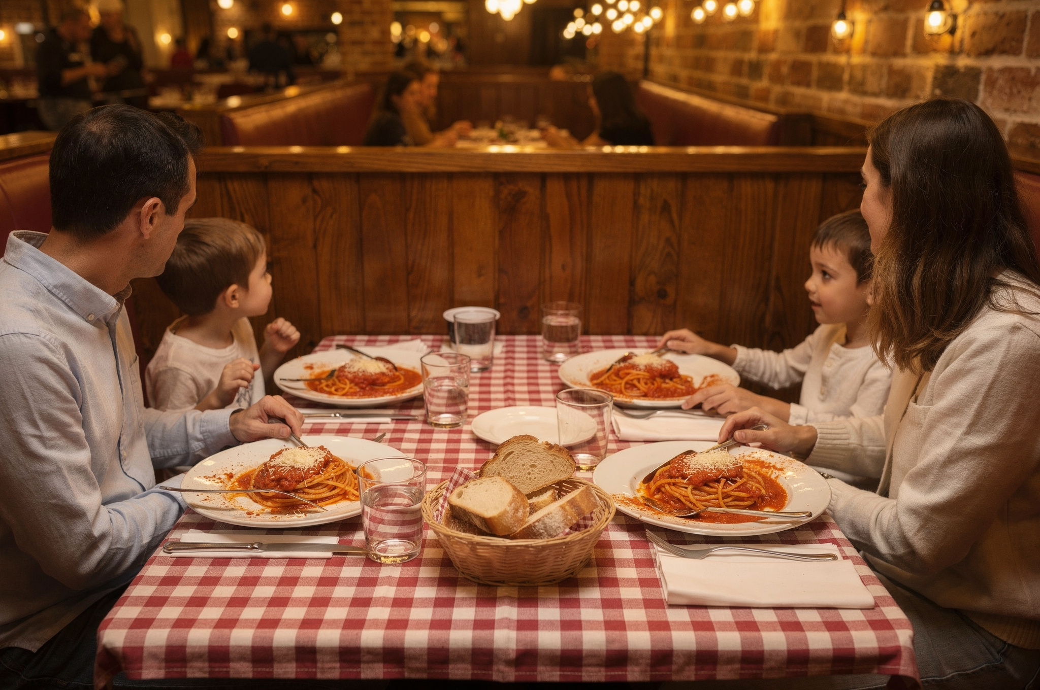 family dining at restaurant in new westminster enjoying pasta