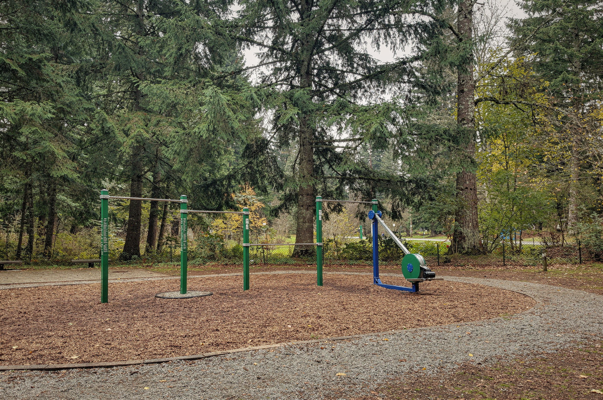 outdoor fitness circuit equipment among trees in Queen's Park New Westminster