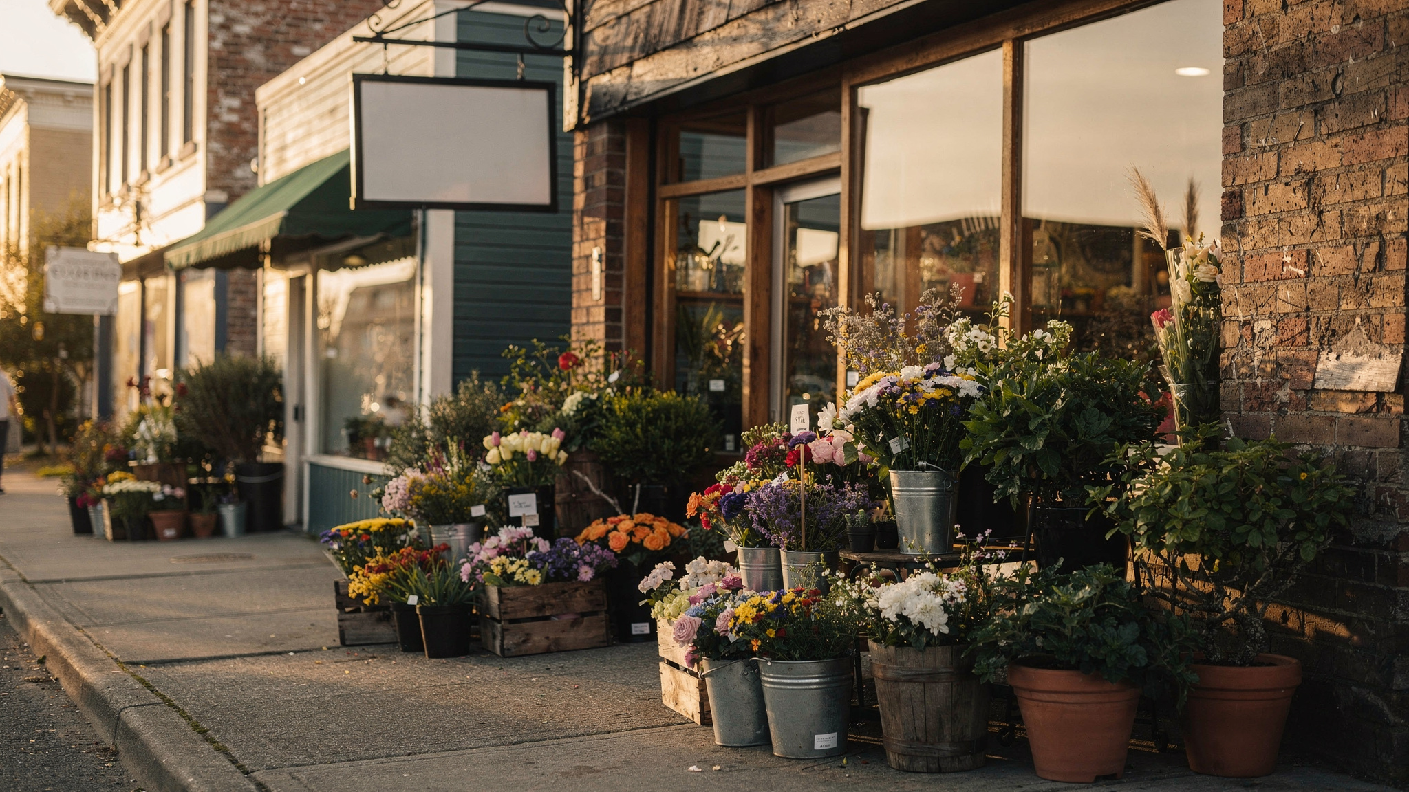 Flower shop storefront with buckets of fresh flowers on the sidewalk in New Westminster