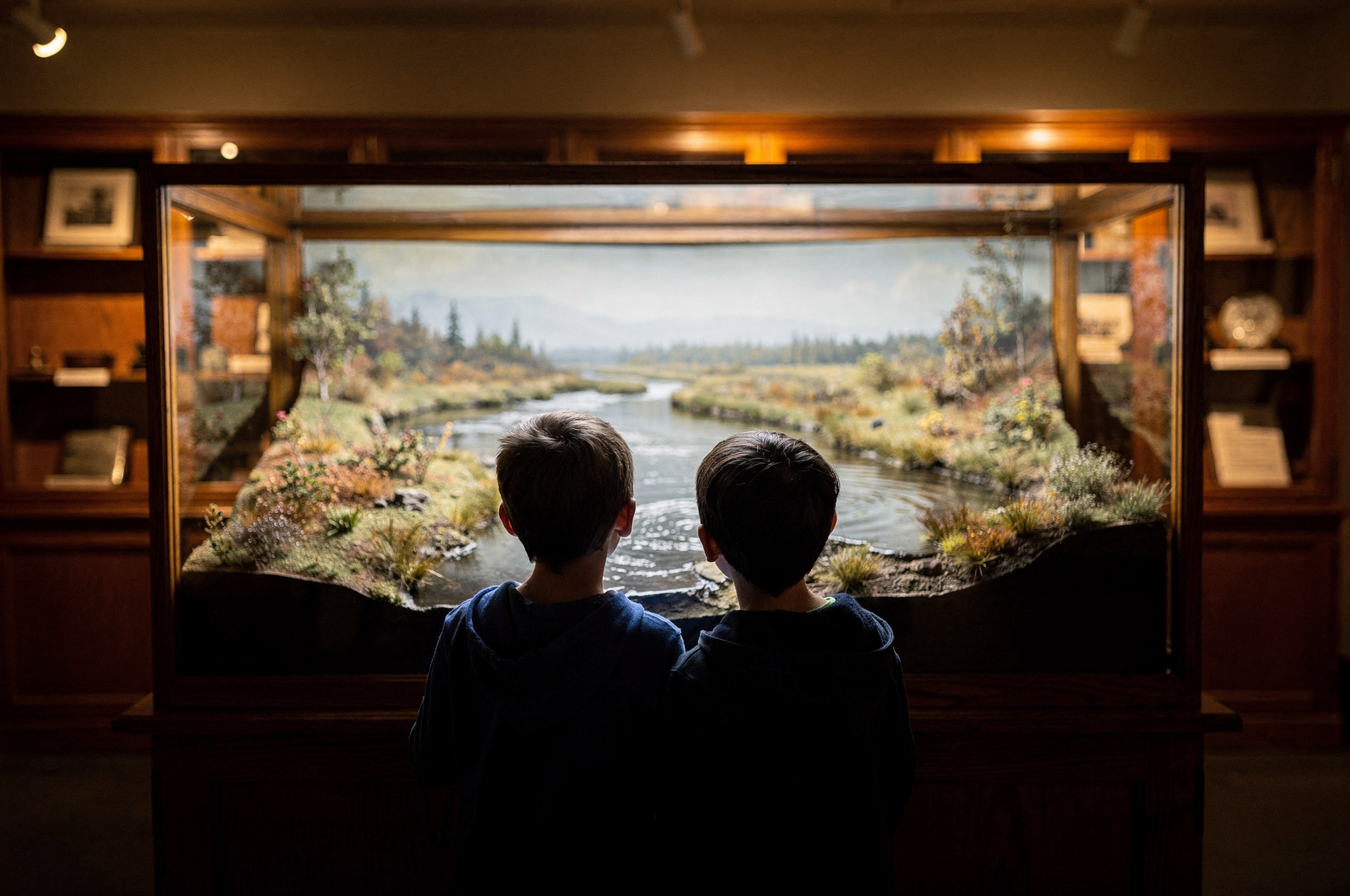 museum archives interior children viewing river diorama exhibit