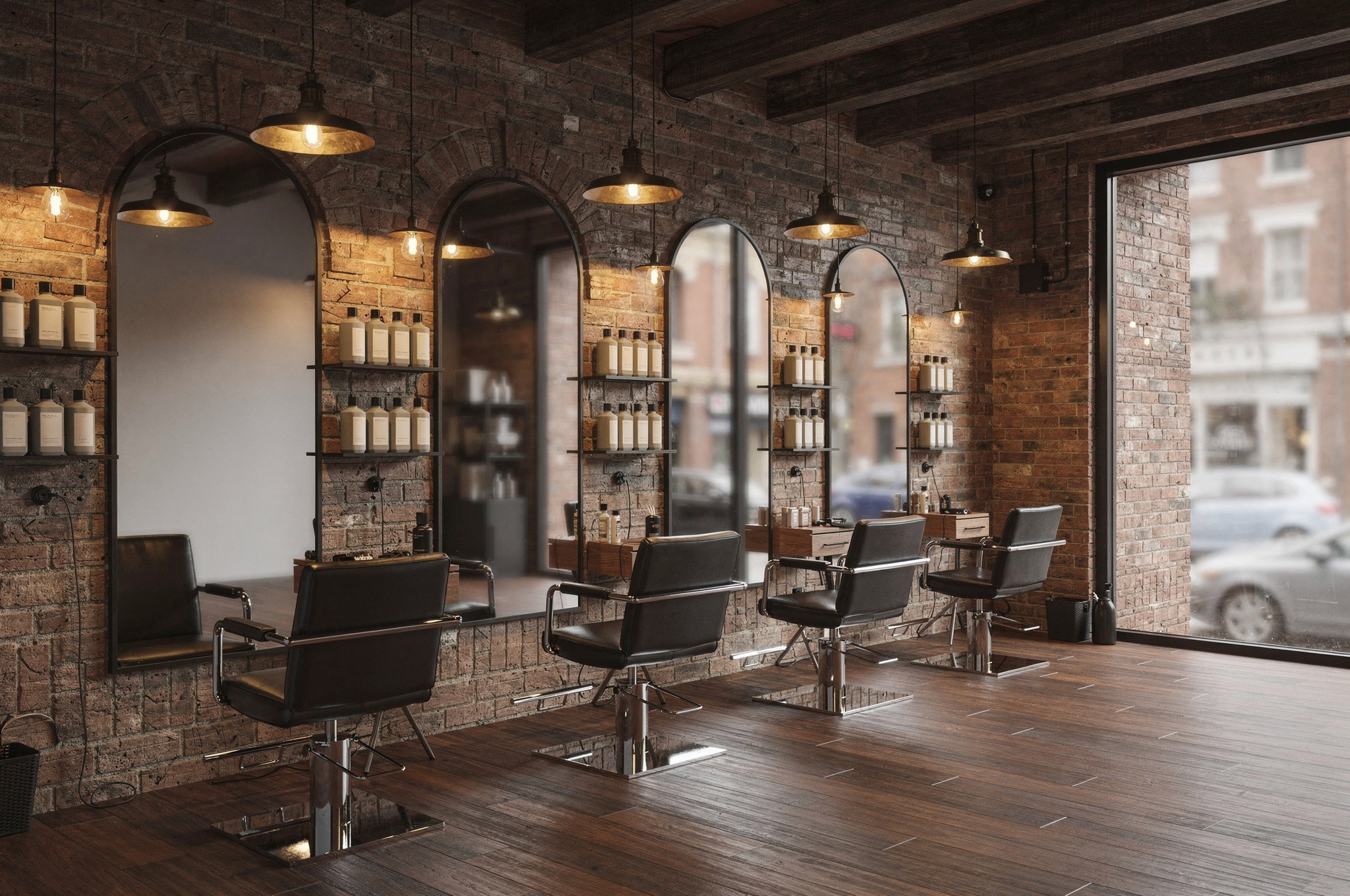 Industrial-chic hair salon interior in New Westminster with exposed brick, arched mirrors and wood beam ceiling
