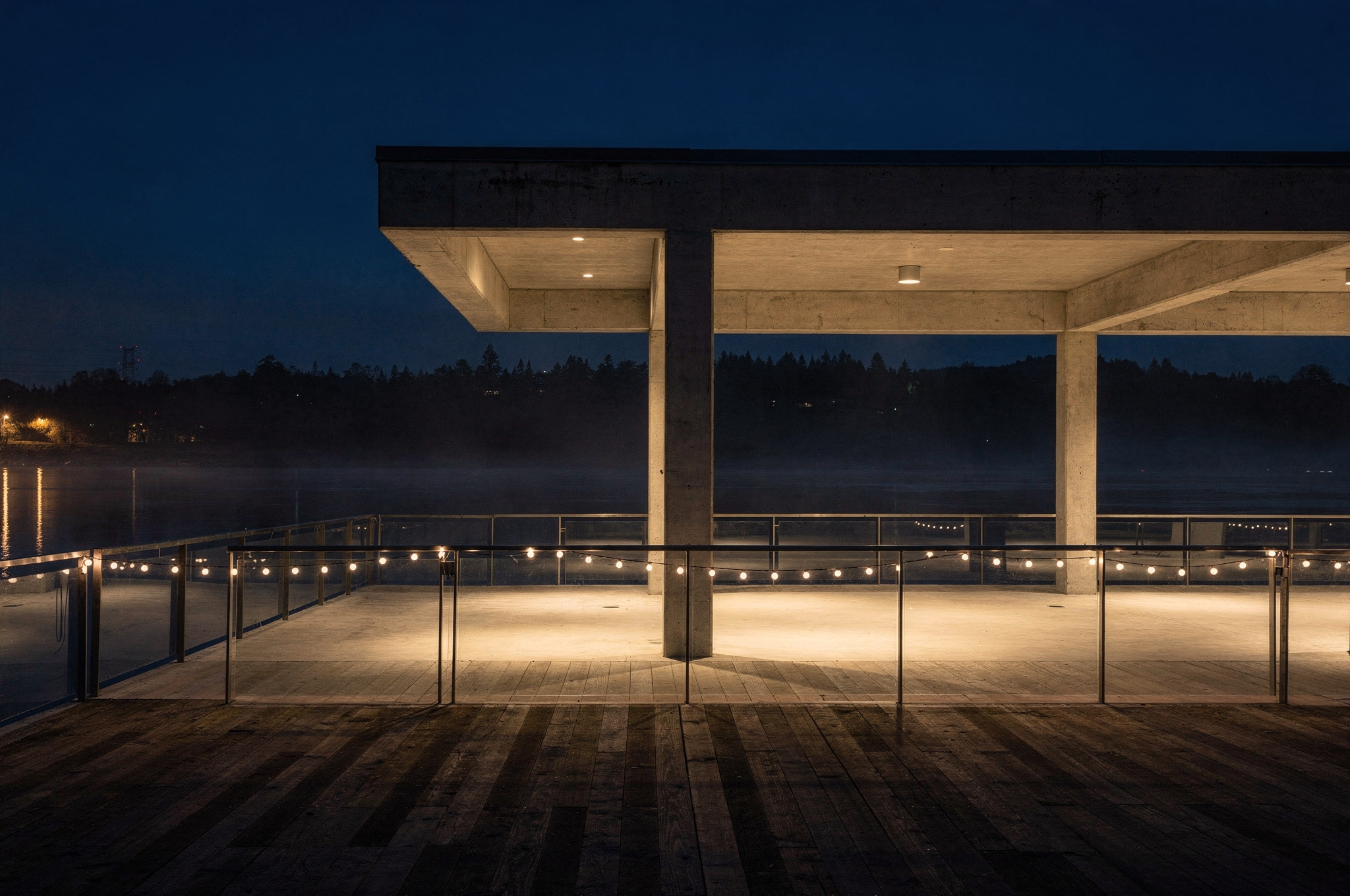 new westminster waterfront boardwalk pavilion at night with reflections