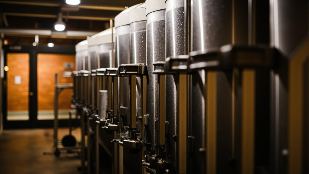 Rows of stainless steel brewing fermentation tanks inside a New Westminster craft brewery